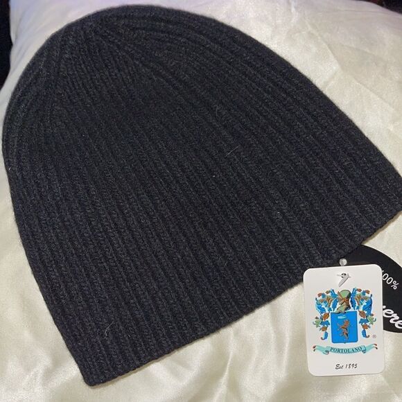 PORTOLANO 100% Cashmere Ribbed Beanie Black Unisex NWT - Picture 5 of 13